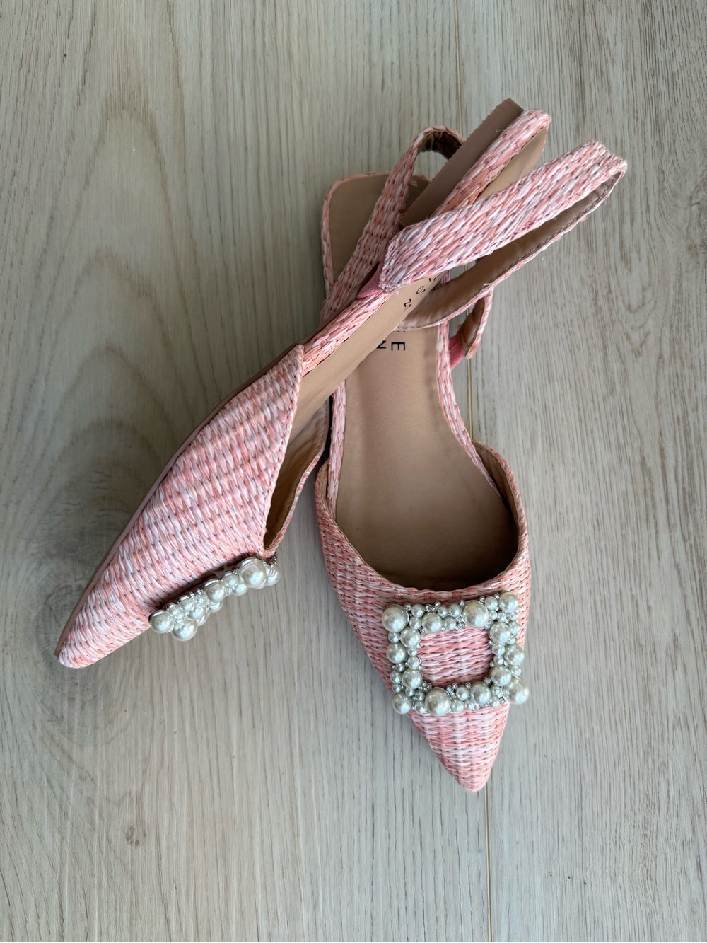 Journee Collection Hannae Pink Raffia Pearl Embellished Slingback Flats Size 7.5